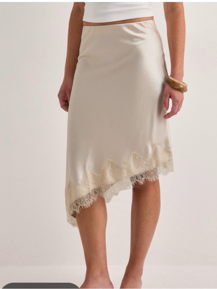 Zara Cream Satin Asymmetric Lace-Hem Skirt
